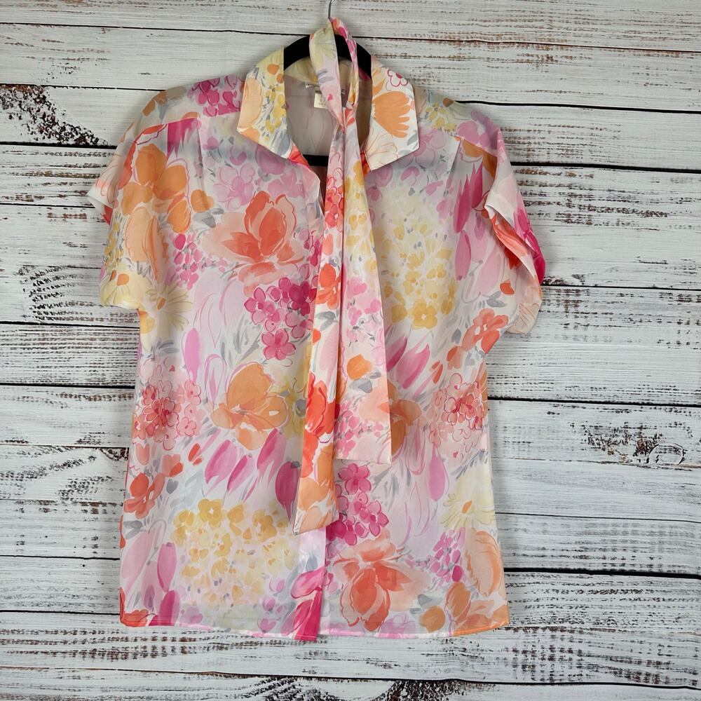 VTG 70s Laura Mae Pink Orange Floral Button Up Top Necktie Head Scarf Womens L